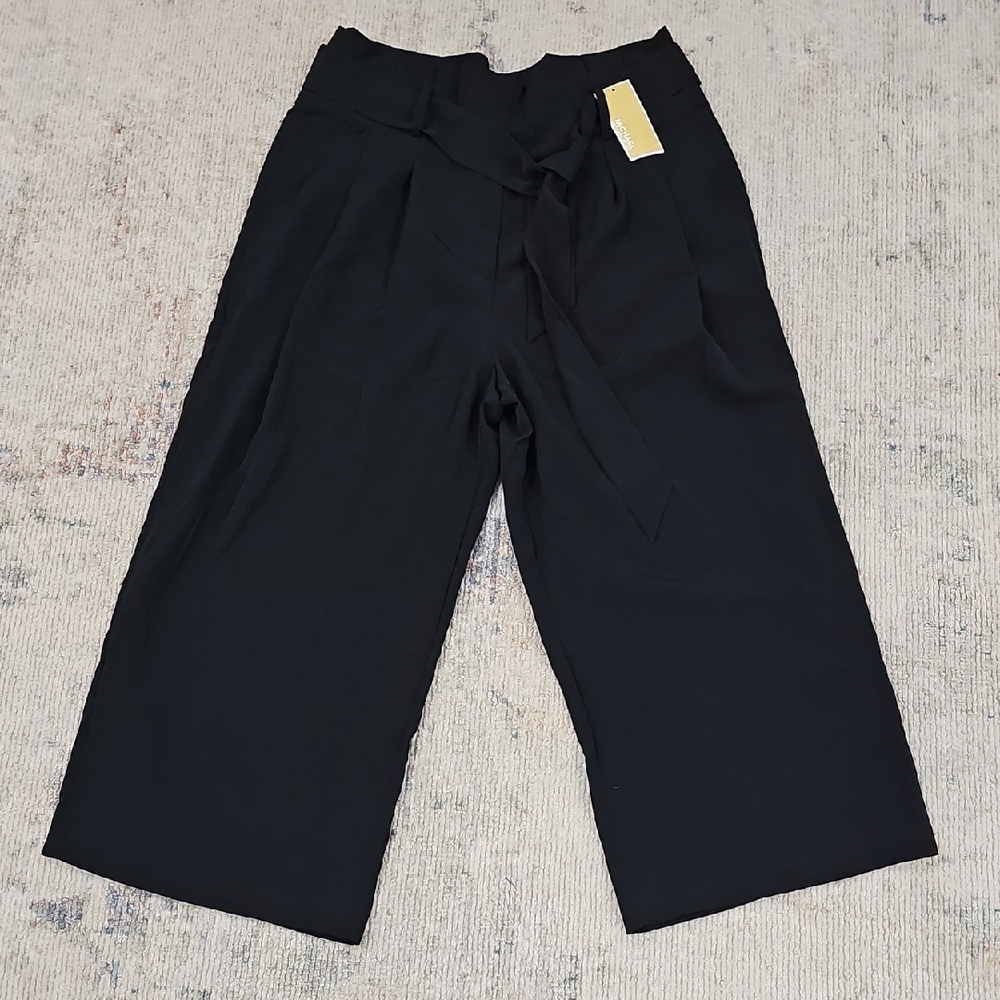 MICHAEL Michael Kors Women's Tie-Front Wide-Leg, Silky Cropped Pants Sz L Black